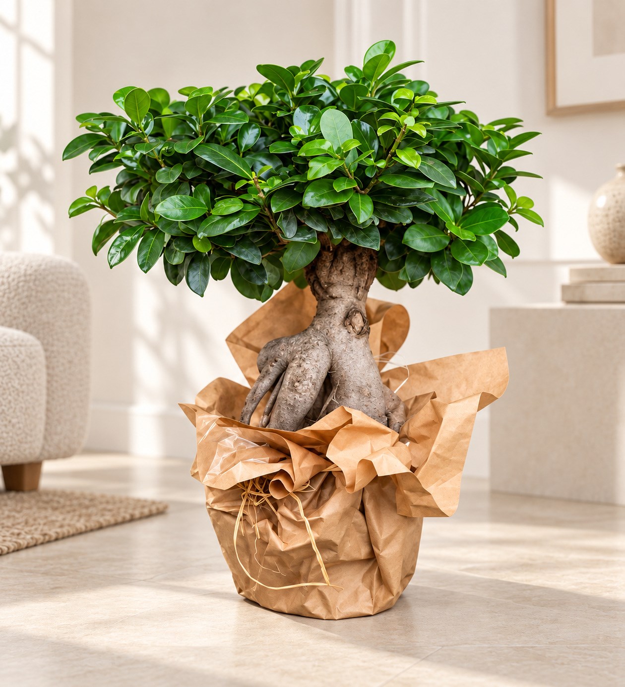 Orta Boy Ficus Bonsai yaşam alanında gerçekçi boyut görünümü