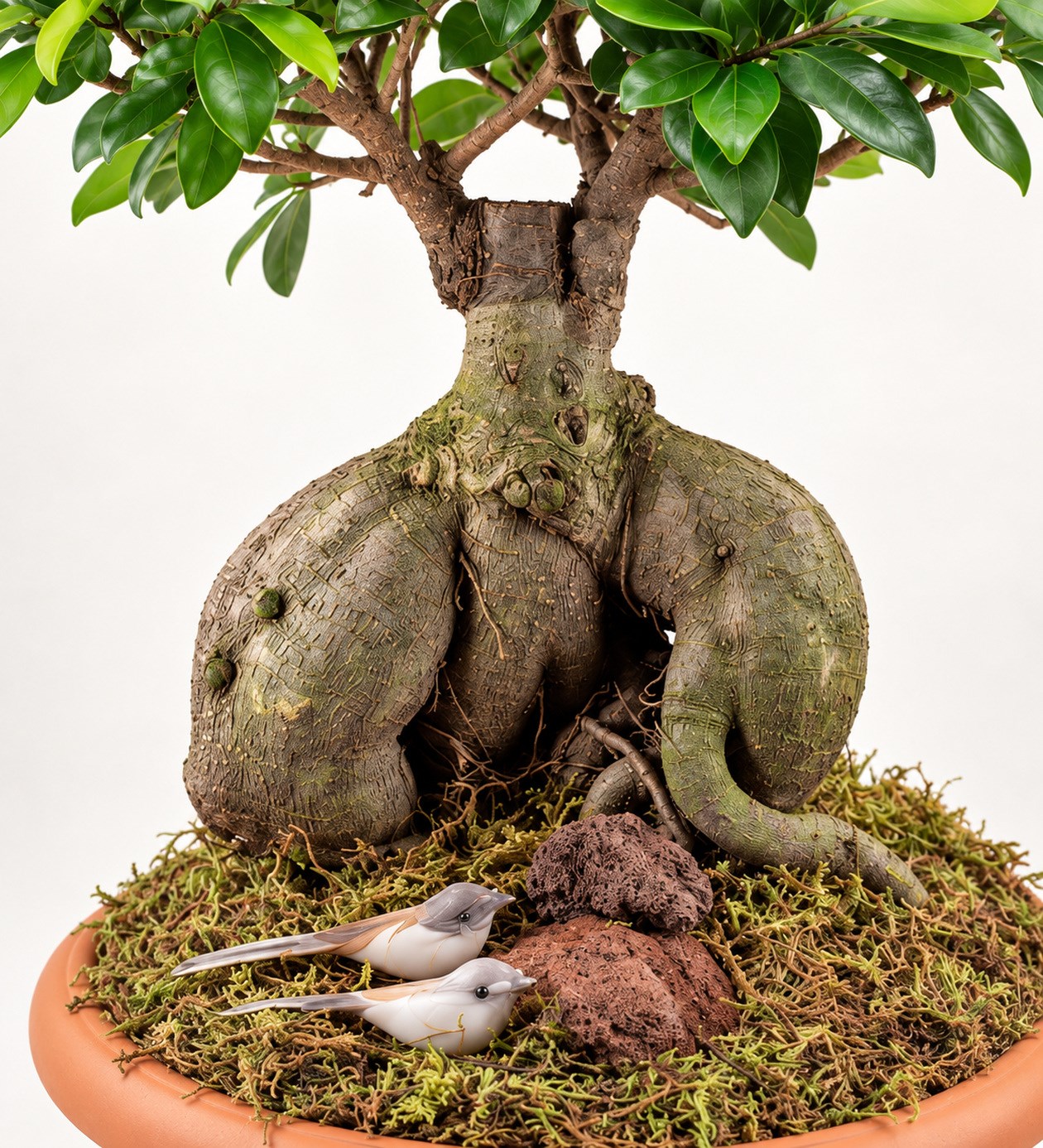 Ficus Orta Boy Bonsai yaprak, gövde ve saksı detay görünümü
