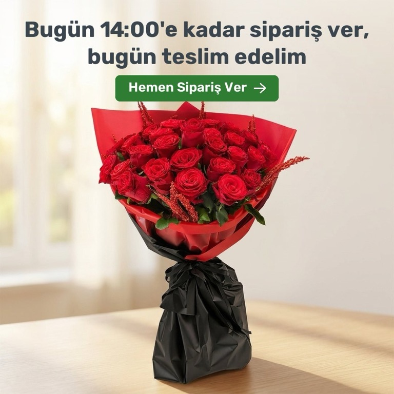 Kırmızı gül buketi. Bugün 14:00'e kadar verilen siparişler Ankara içinde aynı gün teslim edilir.