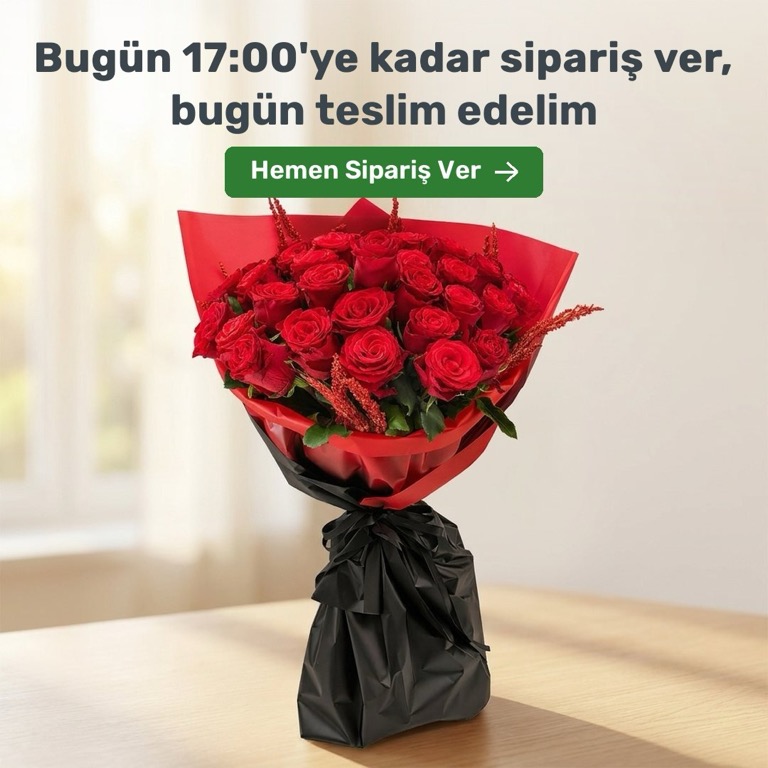 Kırmızı gül buketi. Bugün 17:00'ye kadar verilen siparişler Ankara içinde aynı gün teslim edilir.