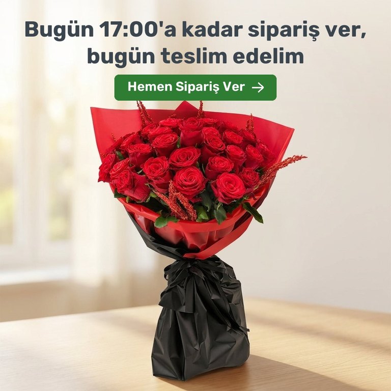 Kırmızı gül buketi. Bugün 17:00'a kadar verilen siparişler Ankara içinde aynı gün teslim edilir.