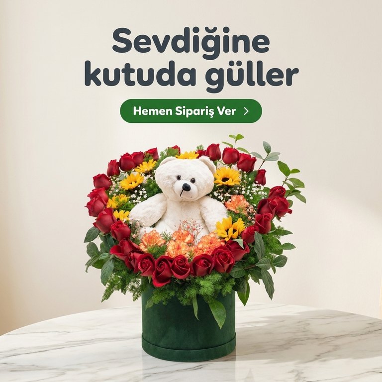 Kadife kutuda ayıcıklı kırmızı gül kalbi. Bugün 17:00'a kadar sipariş, bugün teslim.