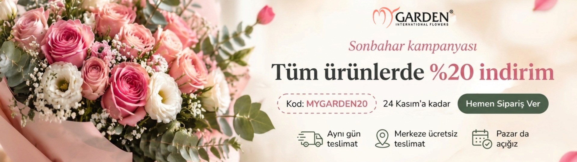 Pembe gül buketi. Tüm ürünlerde %20 indirim, kod MYGARDEN20, 24 Kasım'a kadar. Ankara merkeze ücretsiz ve aynı gün teslimat.