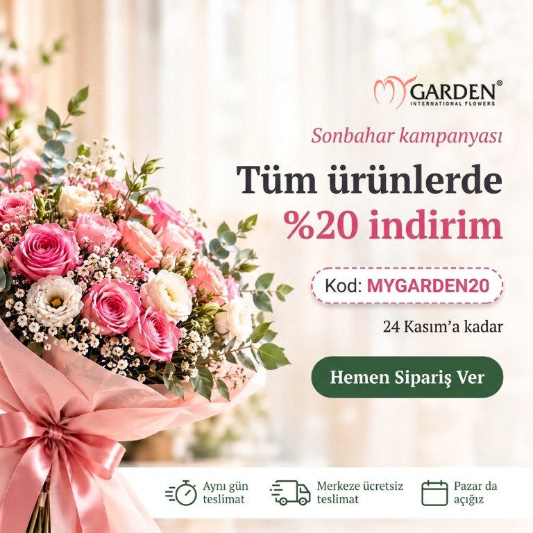 Pembe gül buketi. Tüm ürünlerde %20 indirim, kod MYGARDEN20, 24 Kasım'a kadar. Ankara merkeze ücretsiz ve aynı gün teslimat.